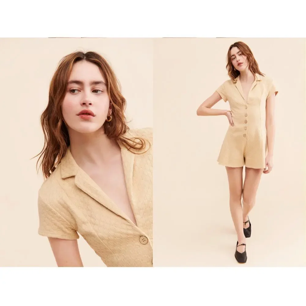 Free People Beach Crochet Knit Cotton Ramona Romper XS Button Tan Beige